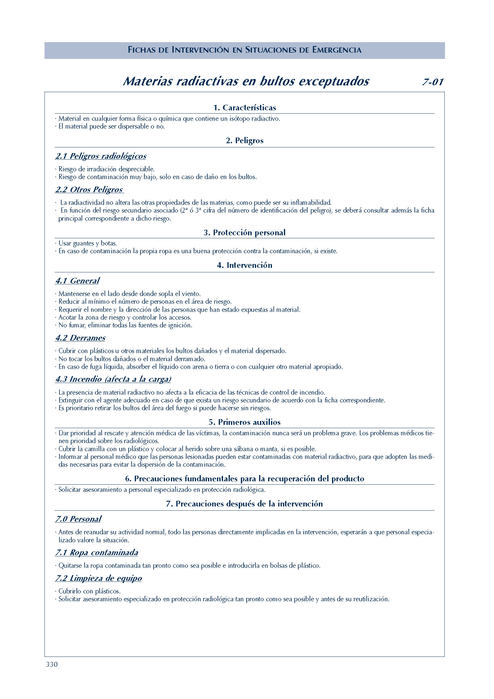 294 FICHA 7-01 MATERIAS RADIACTIVAS BULTOS EXCEPTUADOS FICHAS EMERGENCIA